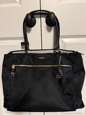 Tumi Black Nylon Tote with Gold Hardware Accents